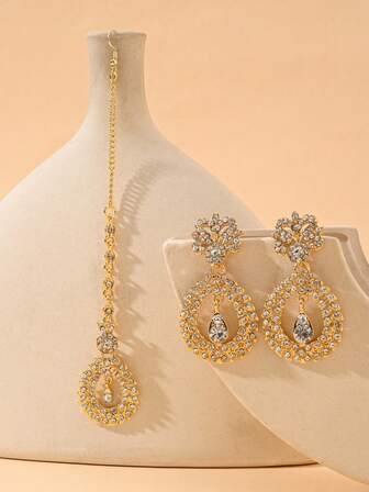 3件套时尚金色水钻头链和耳环，波西米亚风格首饰套装，适合女性日常佩戴，也完美适用于婚礼或派对场合。