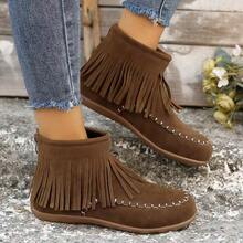 Fashionable Tassel Women's Ankle Boots, Tassel Decoration, Side Zipper, Versatile And Comfortable, Suitable For All Seasons, Suitable For Casual Or Formal Occasions - 棕色 - 查看 1