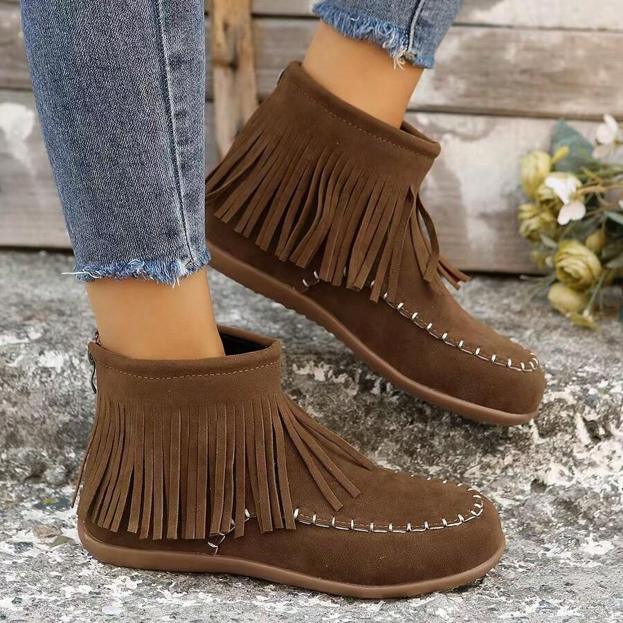 Fashionable Tassel Women's Ankle Boots, Tassel Decoration, Side Zipper, Versatile And Comfortable, Suitable For All Seasons, Suitable For Casual Or Formal Occasions - 棕色 - 查看 1