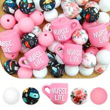 25pcs Silicone Beads, Pink 3D Nurse Cup Shaped Silicone Beads, Floral & Medical Element Print Round Beads, Suitable For Jewelry Making, Decoration, Earrings, Necklaces, Bags, Pens, Phone Chains, Makeup Brushes, Keychains And Other DIY Projects