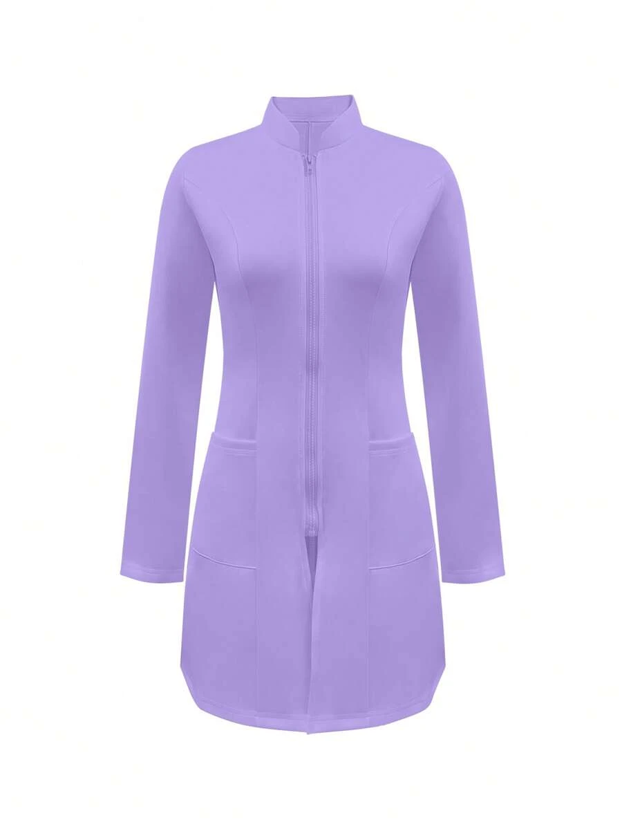 纯色前拉链双口袋实验室大衣 - 紫色 - 查看 1