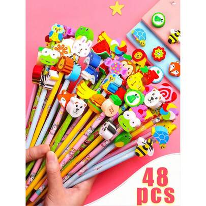 12/24/48支装HB铅笔带橡皮，返校用品套装，包含随机混合铅笔和橡皮，适合作为返校礼物，返校用品（12支/24支/48支）