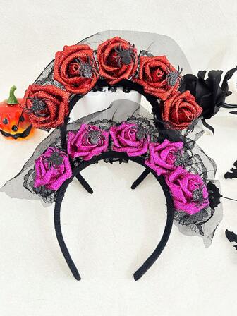 1pc Women's Halloween Glitter Purple & Red Rose, Bat, Black Lace Headband, Casual Vintage Palace Style Party Sexy