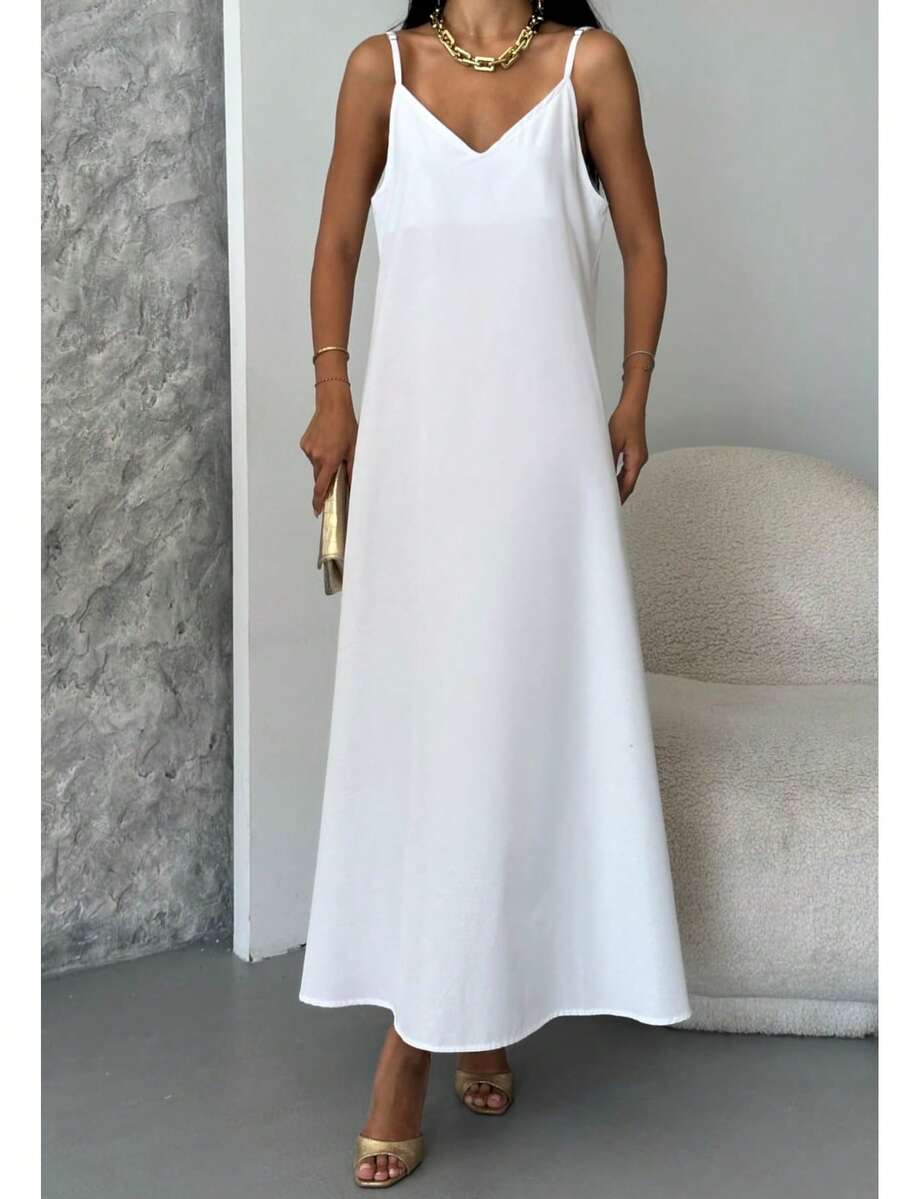 女士纯色休闲开衩露背拉链婚礼吊带背心连衣裙 - 白色 - 查看 1