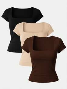 Kit 3 Women's Short Sleeve Suplex Blouse Cold Mesh Basic Blouse - Nâu, Nude và Đen - Xem 1