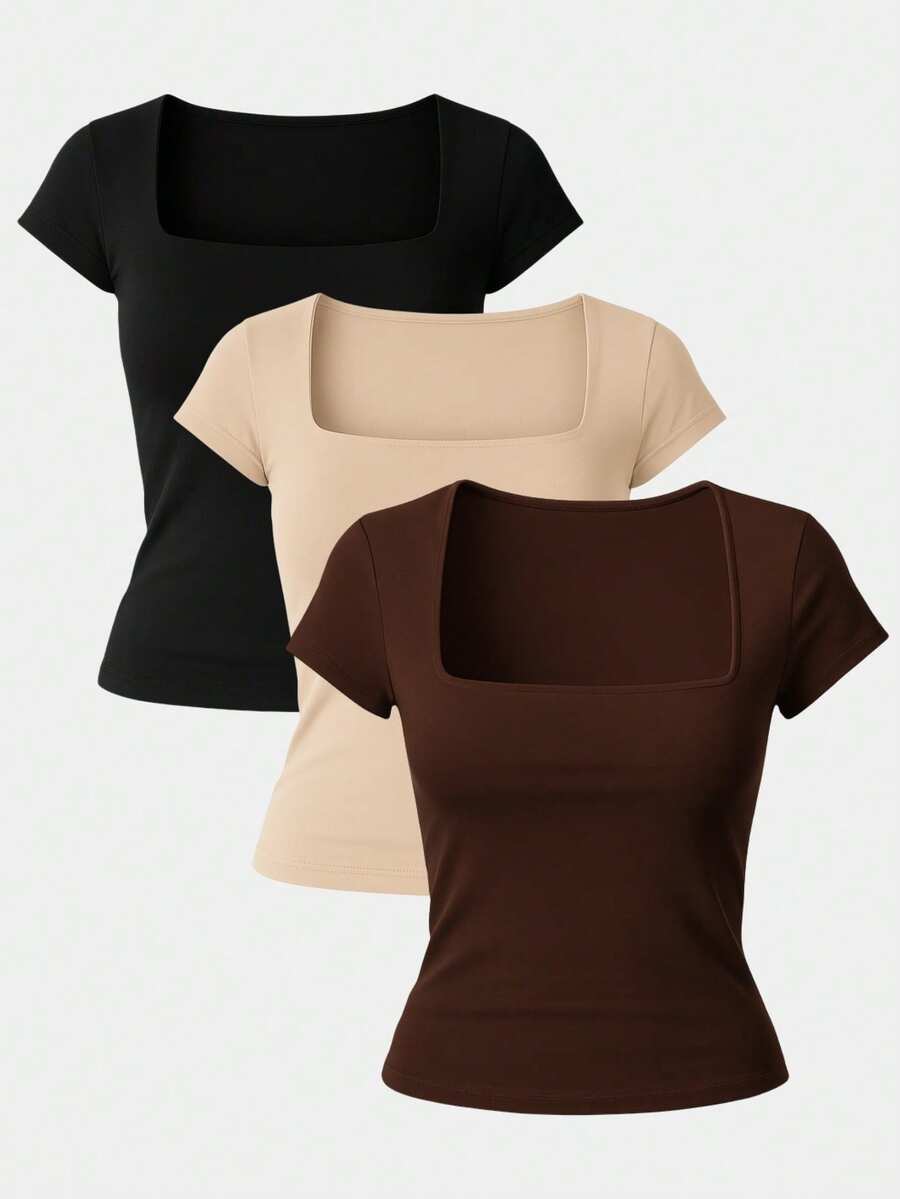 Kit 3 Women's Short Sleeve Suplex Blouse Cold Mesh Basic Blouse - Nâu, Nude và Đen - Xem 1
