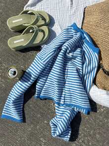 女士简约蓝白条纹休闲开衫，时尚返校风，适合秋冬日常通勤 - 藍白色 - 查看 5