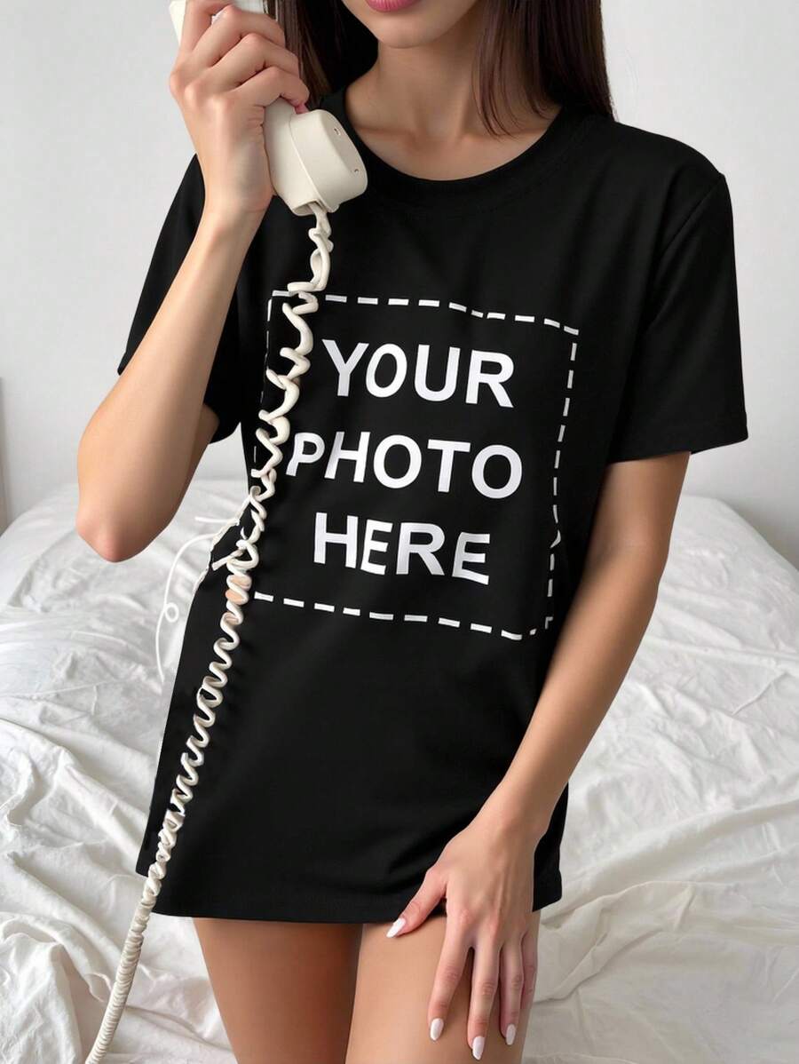 Customizable Cream Yellow Personalized Women's T-Shirt - Add Your Own Photo/Text (Family Photo/Selfie/Slogan/Journal), Design Your Own Custom Printed T-Shirt, Fashionable, Hip-Hop, Unique Women's Clothing, Can Be Given As A Gift To Your Girlfriend, Family, Friends, Children, Unleash Your Design Creativity. - Black - View 1