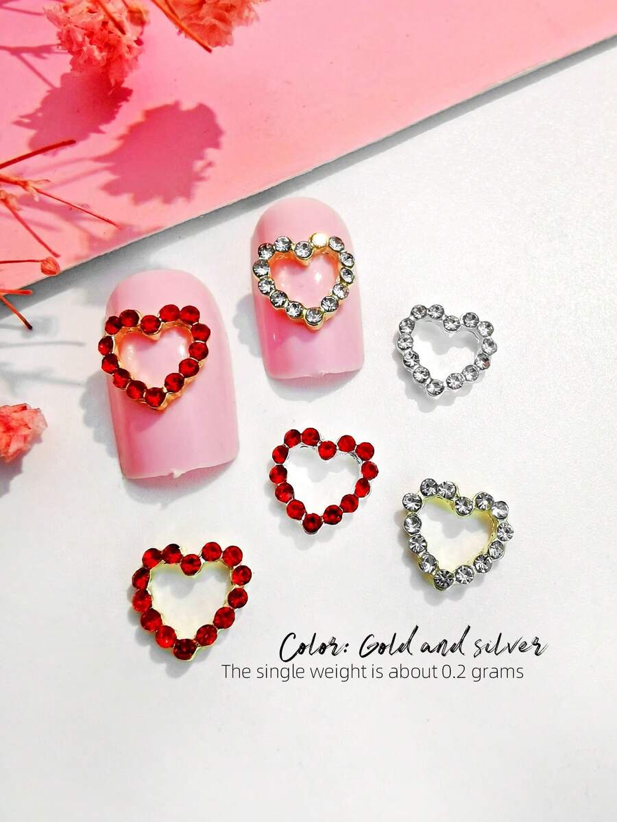 10Pcs Heart-Shaped Rhinestone Nail Art Decorations, 3D Metal Heart Nail Jewelry Accessories Suitable For Girls And Women Nail Supplies Nails Nail Charms Nail Gems