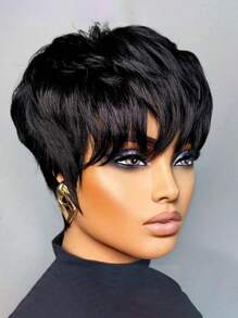 小波浪小精靈髮型假髮劉海假髮黑色顏色短短人類頭髮