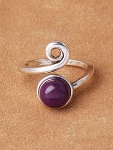 1pc Alloy Silver-Plated Adjustable Ring With Embedded Agate, Unisex Gemstone Ring - Green - View 12