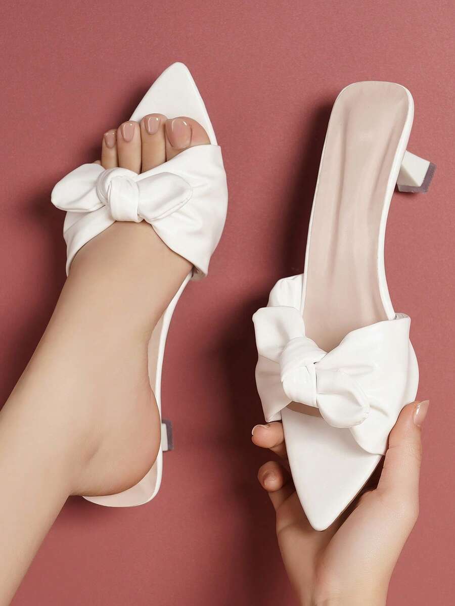 1 Pair Teenage Fashion Bowknot Pointed Toe Stiletto High Heel Slippers, Suitable For Outdoor Party And Gathering