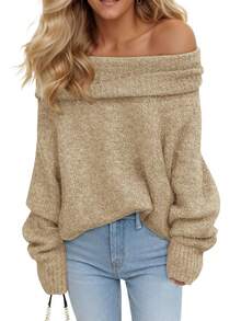 Womens Off Shoulder Oversized Sweater Fall Ribbed Knit Loose Fit Long Sleeve Pullover Tops
