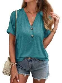 SANOPY Plus Size Women'S Solid 3-Pack V-Neck T-Shirt Set - Stretch Polyester, Machine Washable Short Sleeve Top - Perfect For Spring And Summer Casual Wear - 彩色 - 查看 4