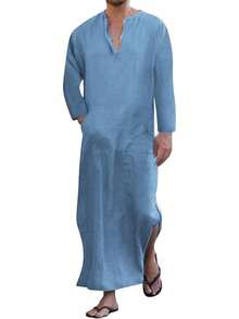 Men's V-Neck Short Sleeve Robe Side Split Kaftan Cotton Long Gown Thobe S-3XLhalloween - 藍色 #1 - 查看 1
