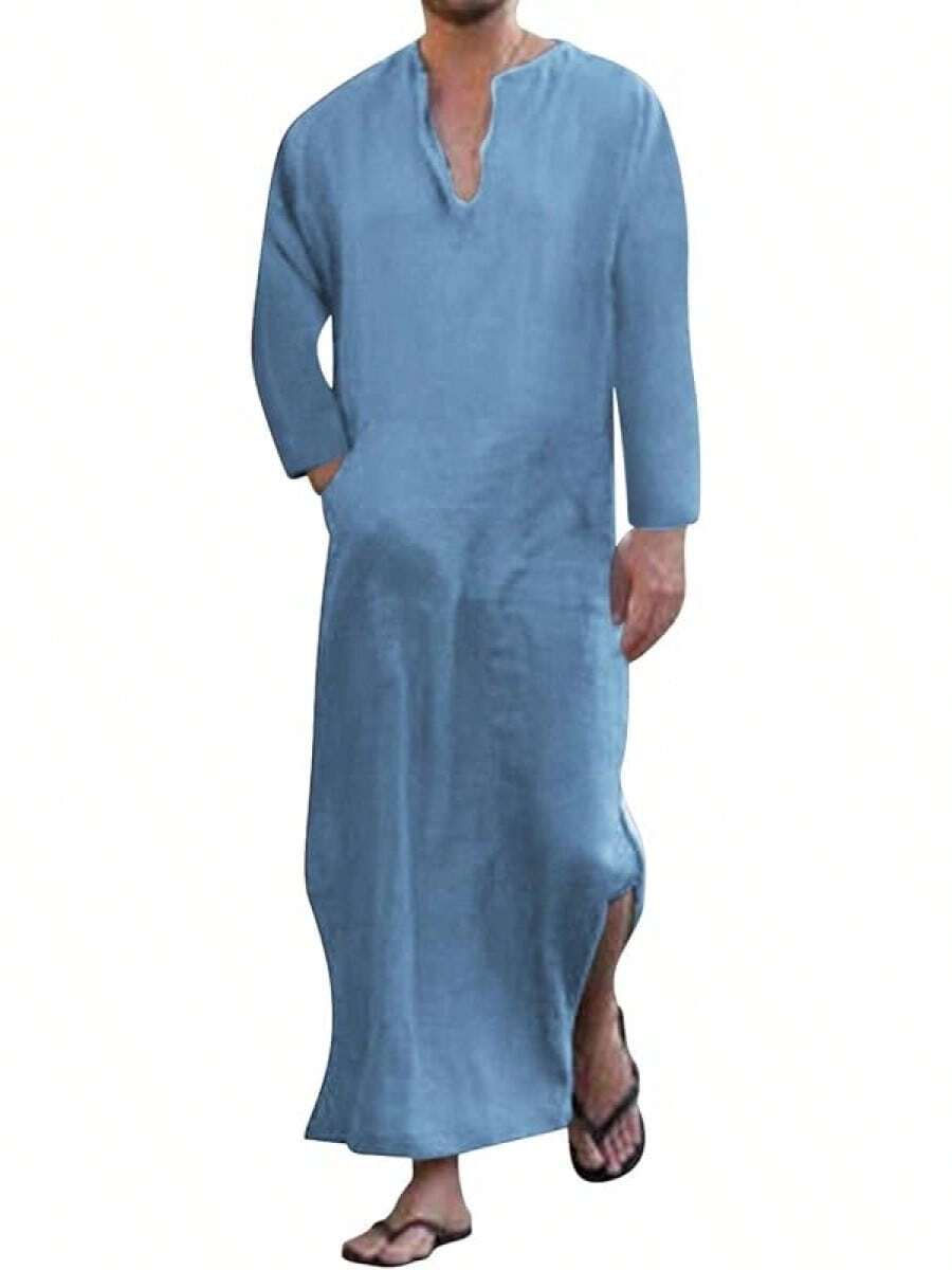 Men's V-Neck Short Sleeve Robe Side Split Kaftan Cotton Long Gown Thobe S-3XLhalloween - 藍色 #1 - 查看 1