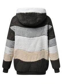 女款毛绒拼色连帽超大夹克，秋冬款 - 黑色 - 查看 9