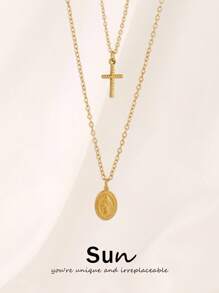 1件不锈钢圣母玛利亚吊坠项链，时尚宗教迷你金色吊坠双层链项链，女士首饰 - 樣式 3 - 查看 7