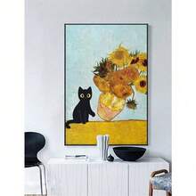 1 pieza Pintura de iris creativa en lienzo sin marco, arte de pared de gato negro humorístico para decoración de sala de estar, póster