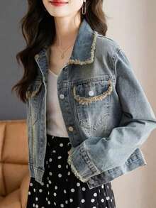 Chaqueta vaquera corta de estilo retro americano con bordes deshilachados, diseño nuevo para mujeres de baja estatura, chaqueta con estilo portuario. - Azul - Ver 3