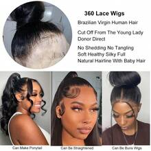 bling hair Hidden Strap Straight 360 Lace Front Wigs Human Hair Pre Plucked Pre Bleached  Glueless Brazilian Virgin Wig With Drawstring 200 Density  Full Lace Wigs For Women 22 Inch - Natural Black - 查看 7
