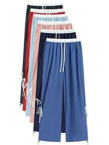 Pantalones anchos con cordón ajustable para mujer, de corte holgado e inspirados en la moda urbana, con trabillas y bolsillos, confeccionados en tejido de poliéster con detalle de lazo. - Azul oscuro - Ver 6