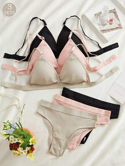 三件套法式三角杯纹理纯色文胸套装，无钢圈舒适，可调节肩带，简约时尚，触感柔软，露背性感文胸搭配丁字裤套装