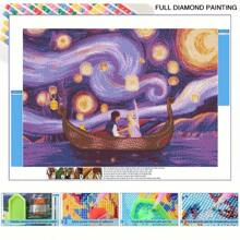 1pc Exquisite 5D Diamond Painting Kit, DIY Art Piece Of Boat Under Pink Starry Sky, Elegant Unframed Room Decor, Full Round Diamond DIY Kit, Leisure & Stress Relief Handcraft With Perfect Dotting Effect