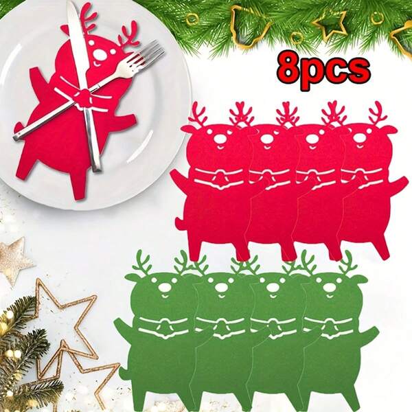 8pcs Christmas Placemats, Cute Deer Design Placemats, Soft Felt Cutlery Holder Bags, Knife & Fork Pockets, Christmas Dining Table Decor, Christmas Tabletop Decorations