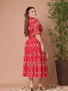 Women's Midi Dress With Embroidered Laise, All-Over Print, Embroidery, Button, Ruffle, Gathered, Formal And Evening - Two-tone Red. - View 3