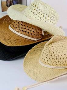 Natural Straw Hollow Out Beach Hat Cowgirl Style Country Cowboy Unisex Women Summer 2025 Fashion Breathable - Màu be - Xem 3