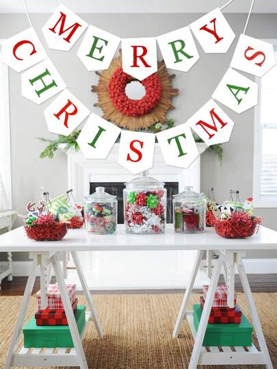 圣诞横幅圣诞快乐横幅白色红色圣诞彩旗花环庆祝悬挂装饰圣诞派对用品家居装饰