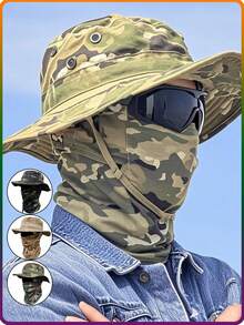2pcs Unisex Camouflage Breathable Full Coverage Bucket Hat & Balaclava Neck Gaiter Set, Suitable For Outdoor Sports Like Fishing, Cycling, Hiking, Camping, Climbing