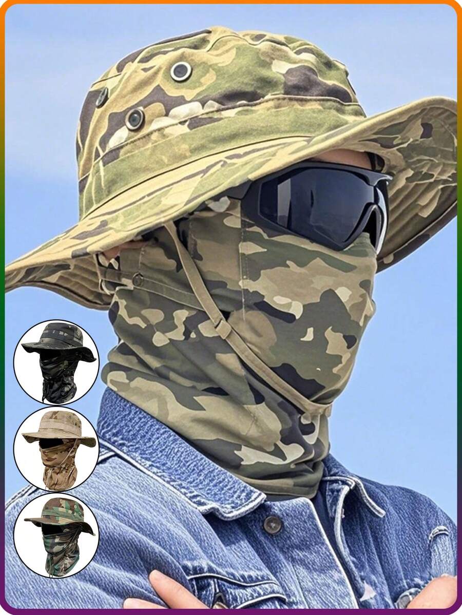 2pcs Unisex Camouflage Breathable Full Coverage Bucket Hat & Balaclava Neck Gaiter Set, Suitable For Outdoor Sports Like Fishing, Cycling, Hiking, Camping, Climbing