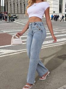 Women's Casual Loose Straight Leg Jeans, Paired With Multiple Button Decorations, Suitable For All Seasons, Including Daily Outings, Back To School Season, Back To School Season, And Rural Concerts - Rửa nhẹ - Xem 2
