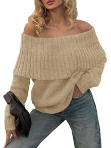 Womens Off Shoulder Oversized Sweater Fall Ribbed Knit Loose Fit Long Sleeve Pullover Tops