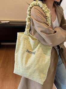 New Casual Fashion Plaid Tote Bag, Pleated Strap, Korean Style Loose Lettering Handbag, Foldable Large Capacity Shoulder Bag For University, Shopping, Travel , Office Bag - Multicolor - View 16