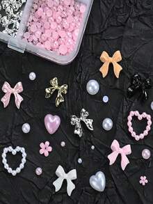 12 griglie/scatola Decorazioni per unghie 3D a fiocco, pendenti a fiocco floreali, perle piatte, set di gemme fai-da-te per arte di unghie, abbigliamento e decorazione di telefoni con strumenti, graziosi gioielli per unghie 3D rosa, forniture per unghie