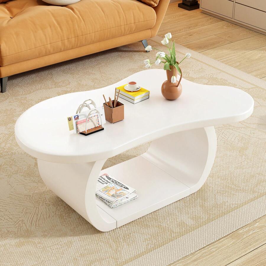 Modern Cloud Coffee Table With 1.5" Thick Tabletop, Cream Style Irregular End Table With Curved Legs, Unique Design Accent Table With Round Edge For Living Room, Apartment, White