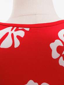 Vestido de estilo hawaiano para niñas en verano, con estampado de hojas blancas - Incluye set de corona de flores hawaianas, disfraz de Halloween y Navidad, falda hula - Rojo - Ver 9