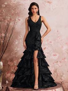 Elisanya Abito sexy a spacco con ricamo e paillettes, con cinturino regolabile sulla schiena - nero - Visualizzare 1