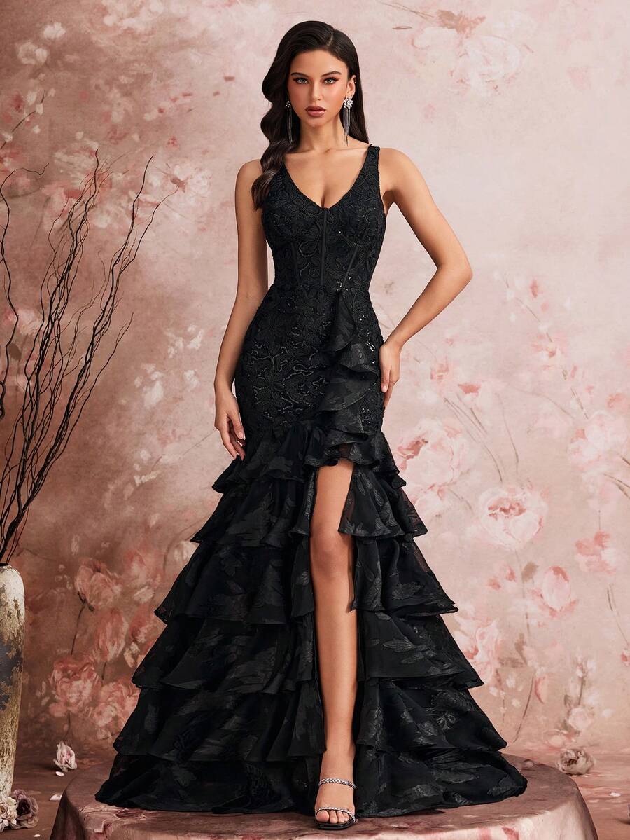 Elisanya Abito sexy a spacco con ricamo e paillettes, con cinturino regolabile sulla schiena - nero - Visualizzare 1
