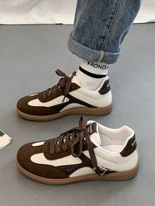 秋冬女士棕色单鞋，纯色英伦风系带皮革运动鞋，扣饰设计，圆头低帮平底滑板鞋，时尚透气防滑学生鞋 - 棕色 - 查看 5