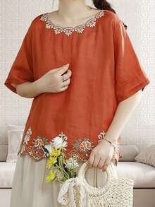 Women's Loose Cotton Linen Tops Floral Embroidery Short Sleeve Round-Neck T-Shirt For Summer - trái cam - Xem 3