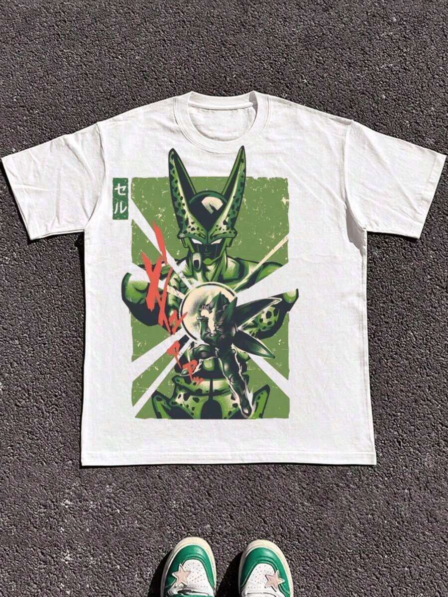 Men's Sports Outdoor Leisure Tee 100% Cotton 220g Heavyweight 1Pcs Anime Android Battle Stance Digital Print T-ShirtLeisure - 白色 - 查看 1