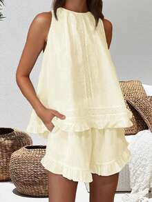 Women's Summer Shorts Outfit Loose Fit Stylish Solid Ruffled Trim Sleeveless Tops And Shorts 2 Pcs Set - Màu be - Xem 2