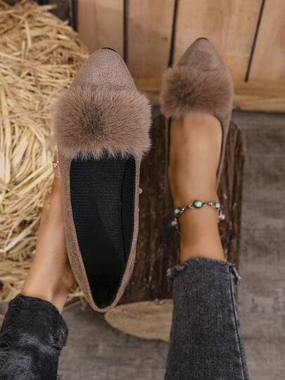Sapatos Baixos Femininos Com Decoração E Bico Fino, Cáqui, Estilo Coreano, Mocassins Peludos Versáteis Para Outono/Inverno