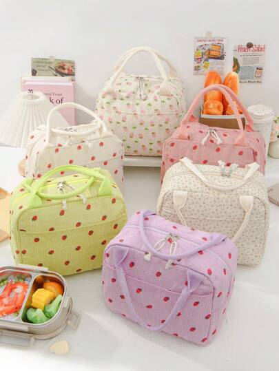 1 Pc Cute Strawberry Pattern Lunch Tote Bags Corduroy Insulated Lunch Box Bag Large Capacity Bento Bag With Compartment Waterproof Cooler Bag Multi-Functional Insulated Lunch Container Reusable Cooler Drinks Storage Bag Picnic Lunch Box Bag