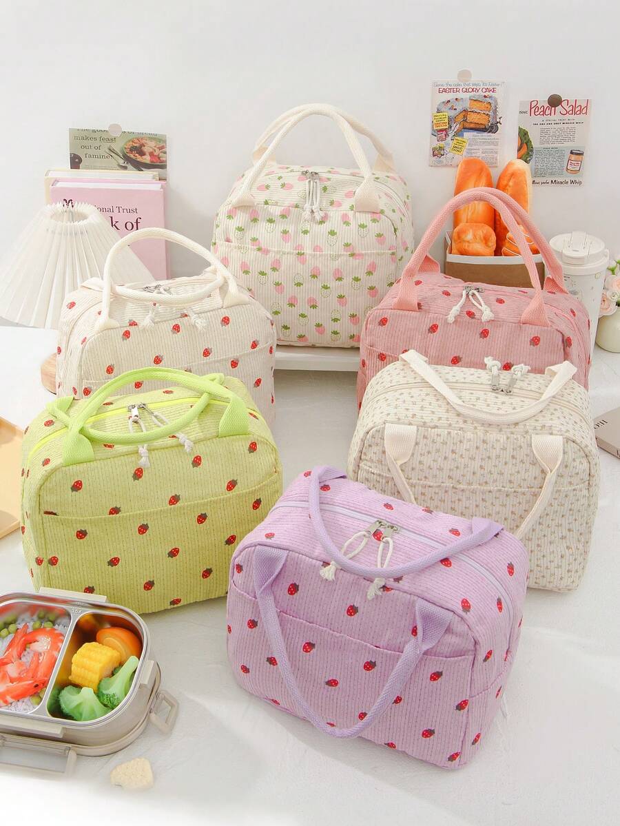 1 Stück süße Erdbeermuster Lunch Tragetasche aus Cord, isolierte Lunch Box Tasche mit großem Fassungsvermögen, Bento Tasche mit Fächern, wasserdichte Kühltasche, multifunktionale isolierte Lunch Box, wiederverwendbare Kühltasche für Getränke, Picknicktasche - Verschiedenfarbig - Übersicht 1