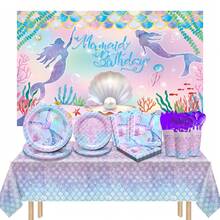 168 Pieces Of High Quality Mermaid Themed Tableware Including Paper Plates, Cups, Napkins, Knives, Forks And Spoons. Can Be Used For 24 Guests For Camping, Birthday Party. - Nàng tiên cá - Xem 6